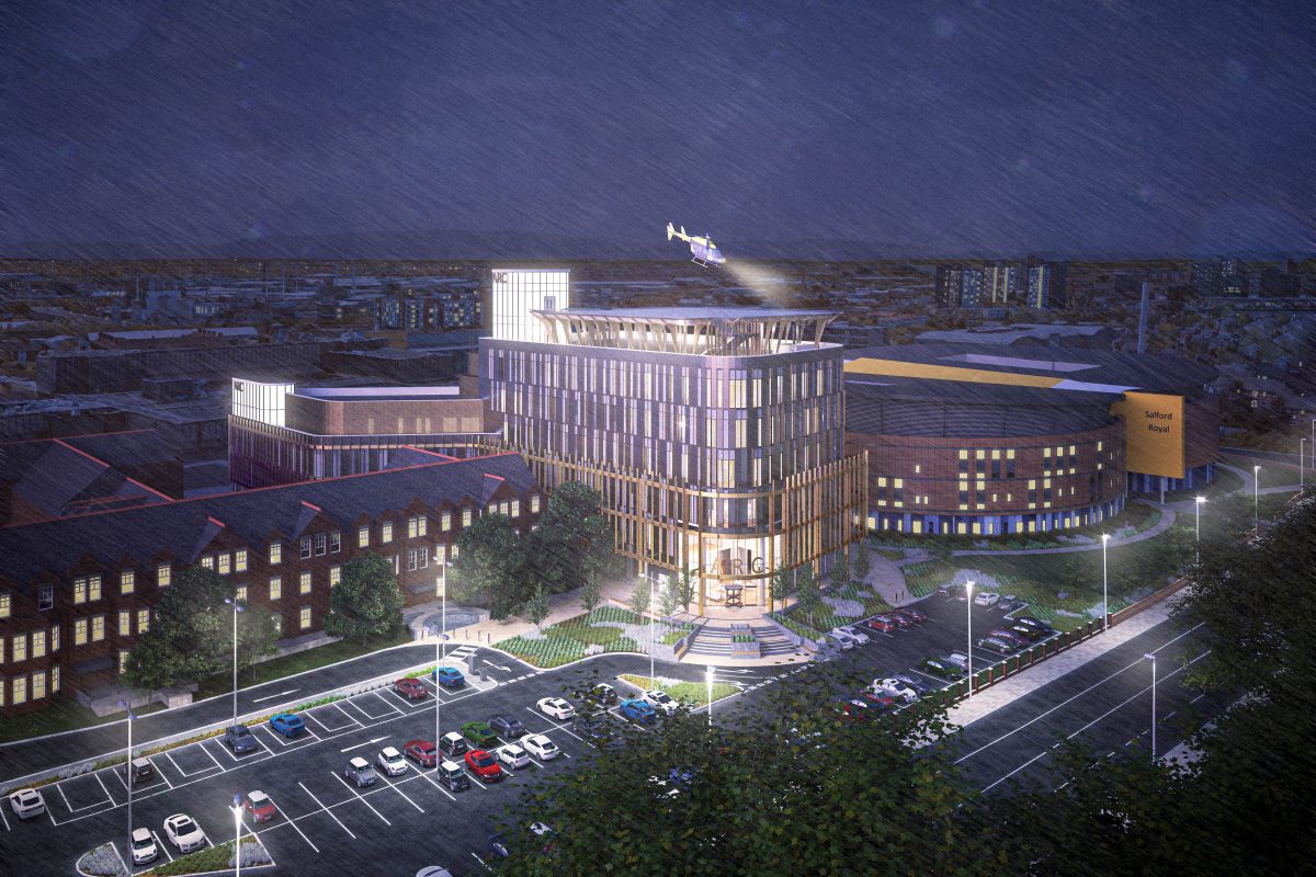 Maple installing vertical fin façade at Salford Royal Hospital
